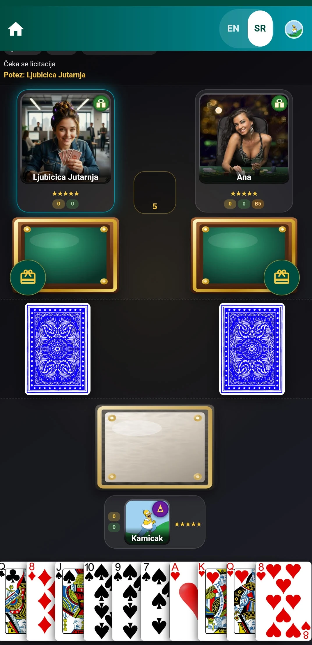 Mexico Club table on a phone — public seats, hand of cards, and live scores